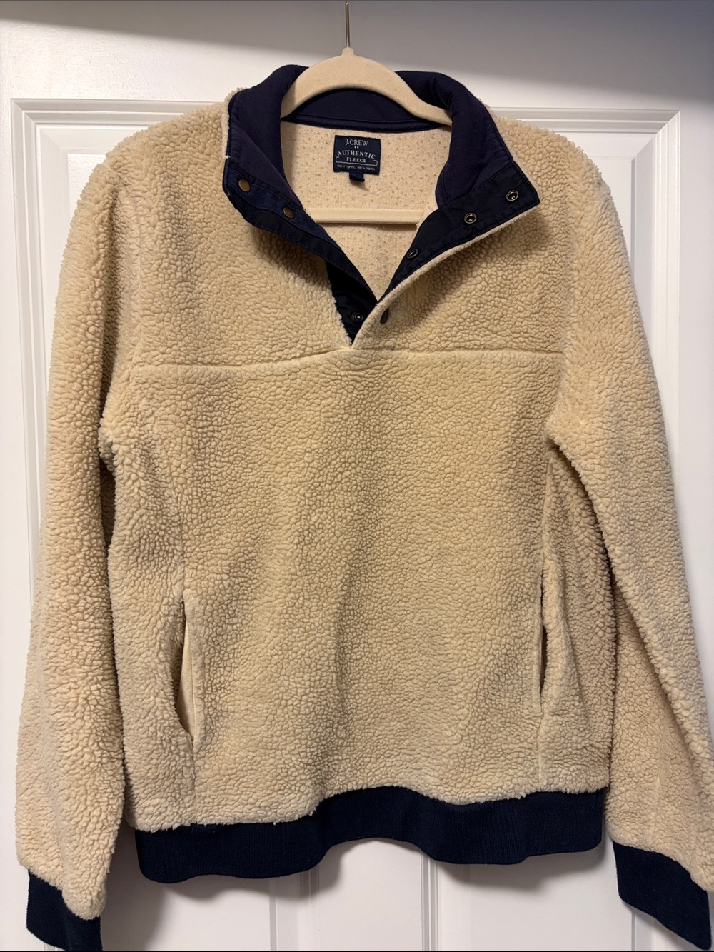 J. Crew Cream Sherpa Zip-Up with Navy Trim